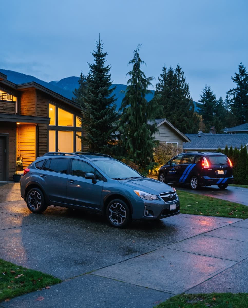 A clean blue-grey SUV in the driveway of a home at dusk, the detailing car leaving