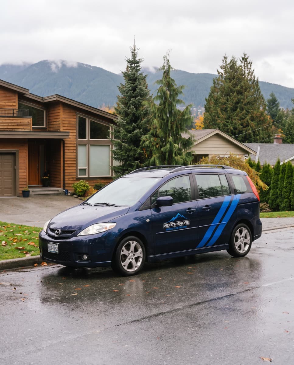 The North Shore Mobile Detailing car parked at the curb in front of a cedar-sided home on a rainy day