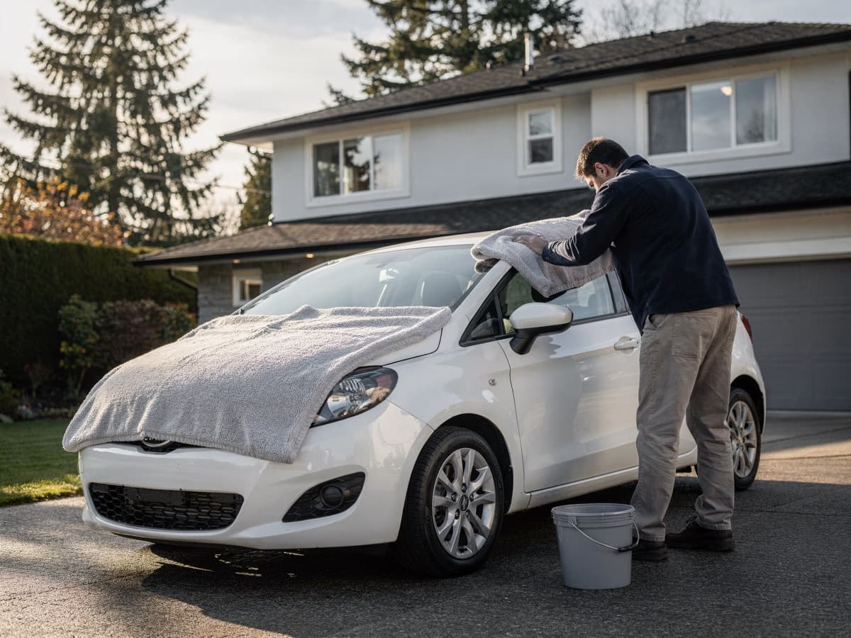 Detailer quickly hand drying an already clean white compact car with a large microfibre towel in a home driveway