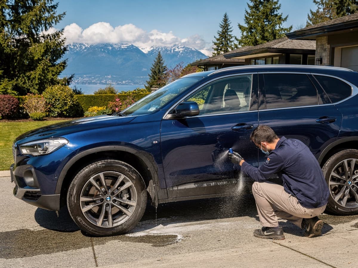 Detailer kneeling to finish a freshly cleaned dark blue SUV in a sunny driveway, mountains behind