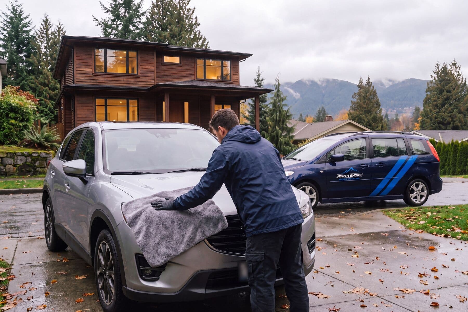 Detailer drying a silver SUV with a microfibre towel in a driveway, the North Shore Mobile Detailing car parked behind