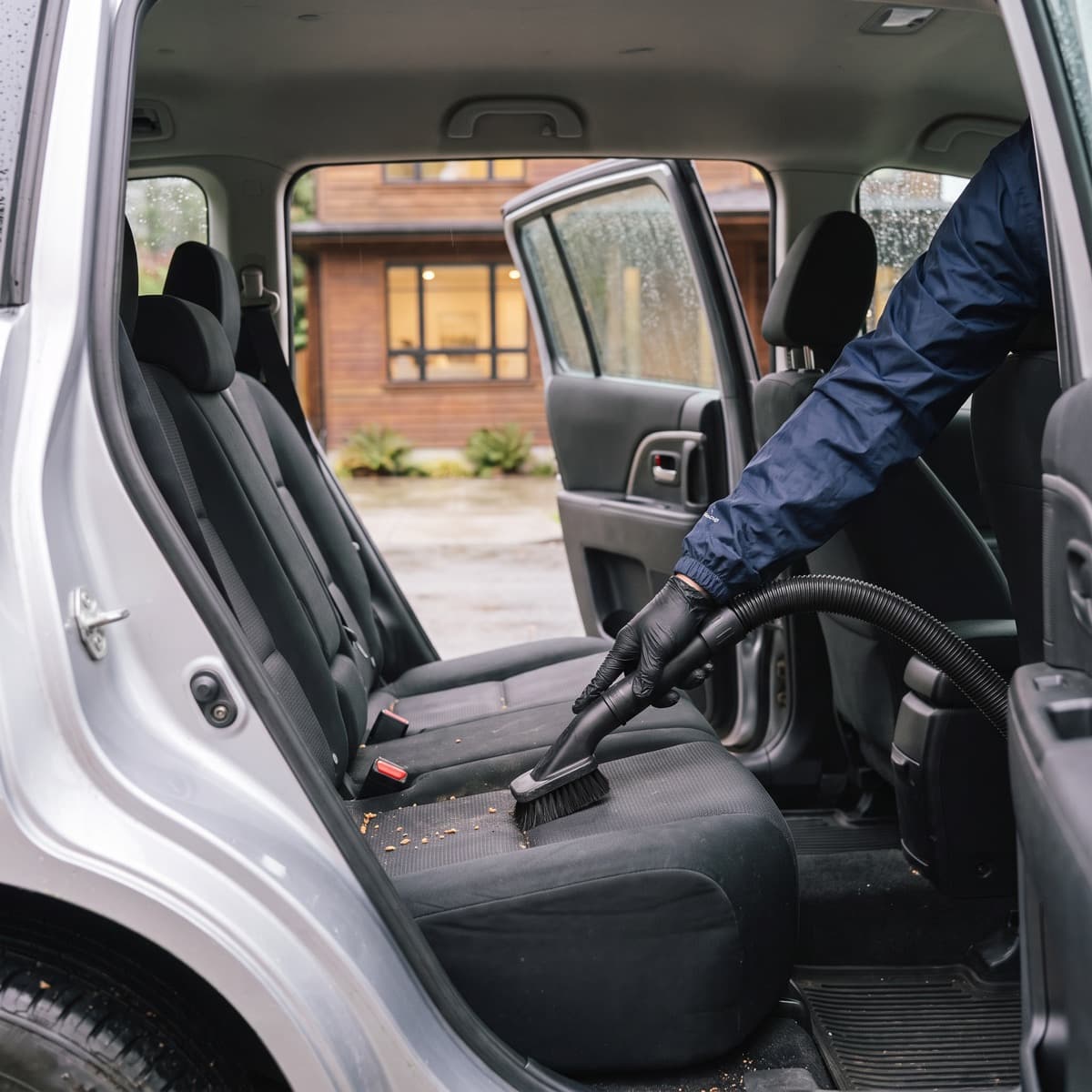 Gloved hand vacuuming the rear seat of a silver SUV through the open door