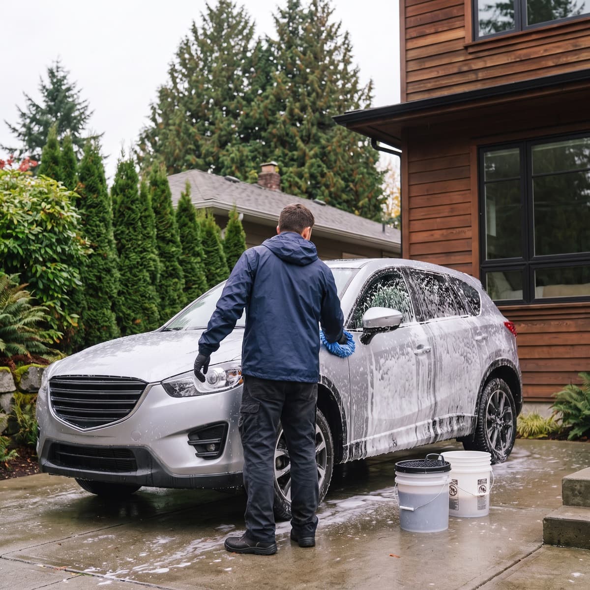 Detailer hand washing a foam-covered silver SUV in a driveway, two buckets beside the car